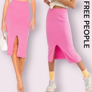 Free People Skyline Pink Ribbed Knit Pull-on Midi Skirt